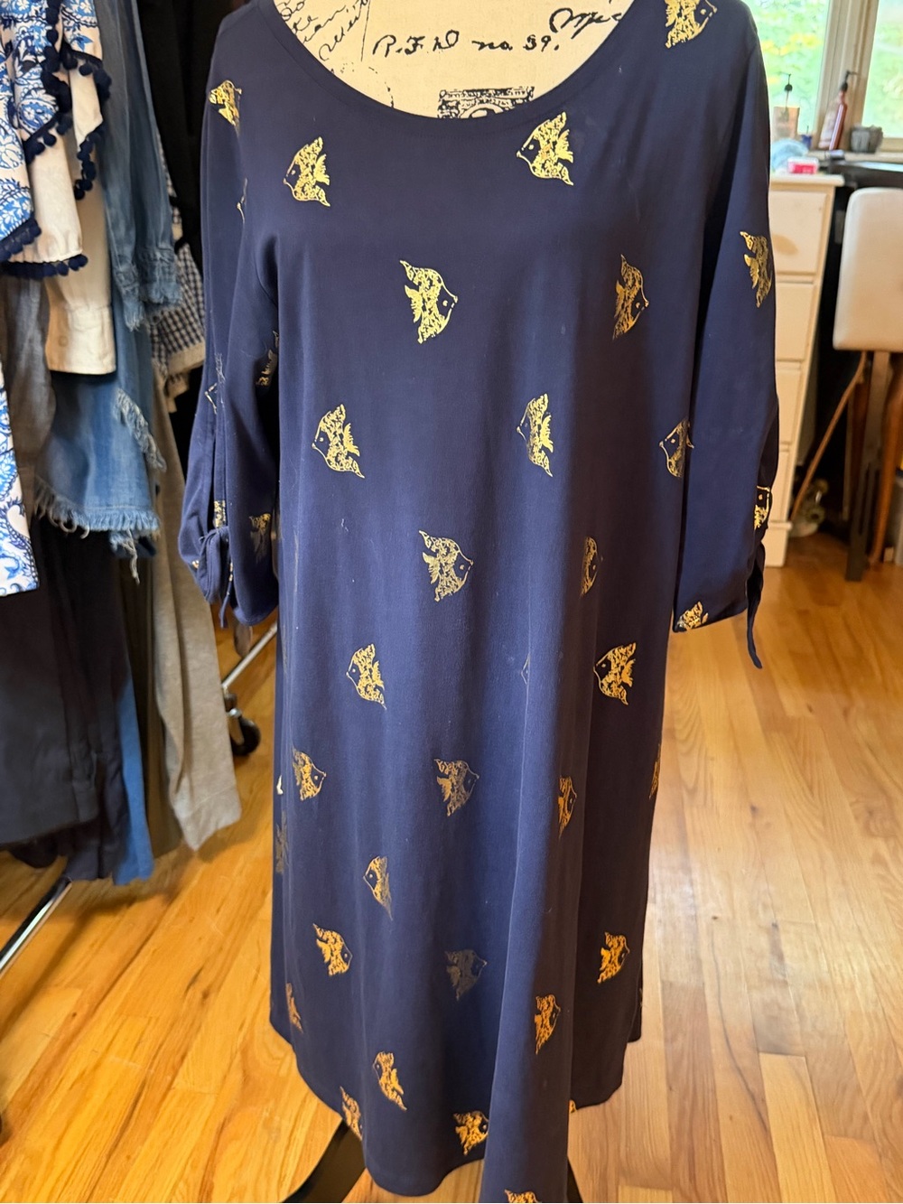 Lilly Pulitzer Navy Midi Dress with Gold Bird Print